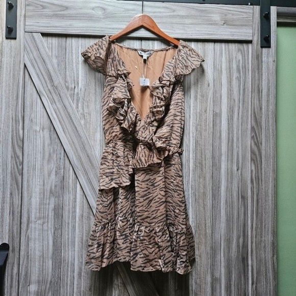 WALTER BAKER Shelly Wrap-Effect Ruffled Tiger-print Crepon Mini Dress - Picture 3 of 14